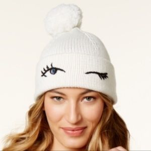 Kate Spade White Winking Eye Pom Pom Hat